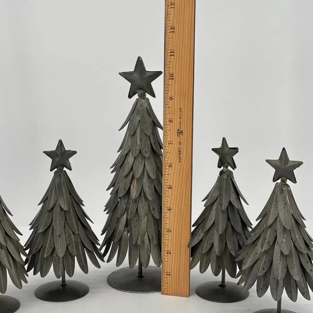 Set of 5 POTTERY BARN Galvanized Village Star Topped Trees Small & Large VTG